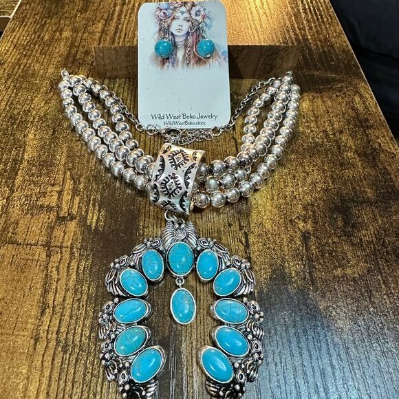 Large Squash Blossom Pendant Chunky Necklace and Earrings Set with Turquoise St - Picture 2 of 11